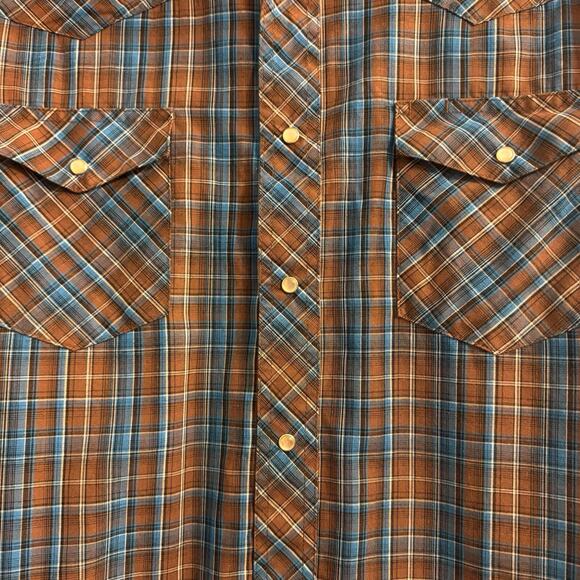VTG Wrangler Shirt Mens XL Brown Blue Plaid Western Pearl Snap Rodeo Cowboy - Picture 2 of 4